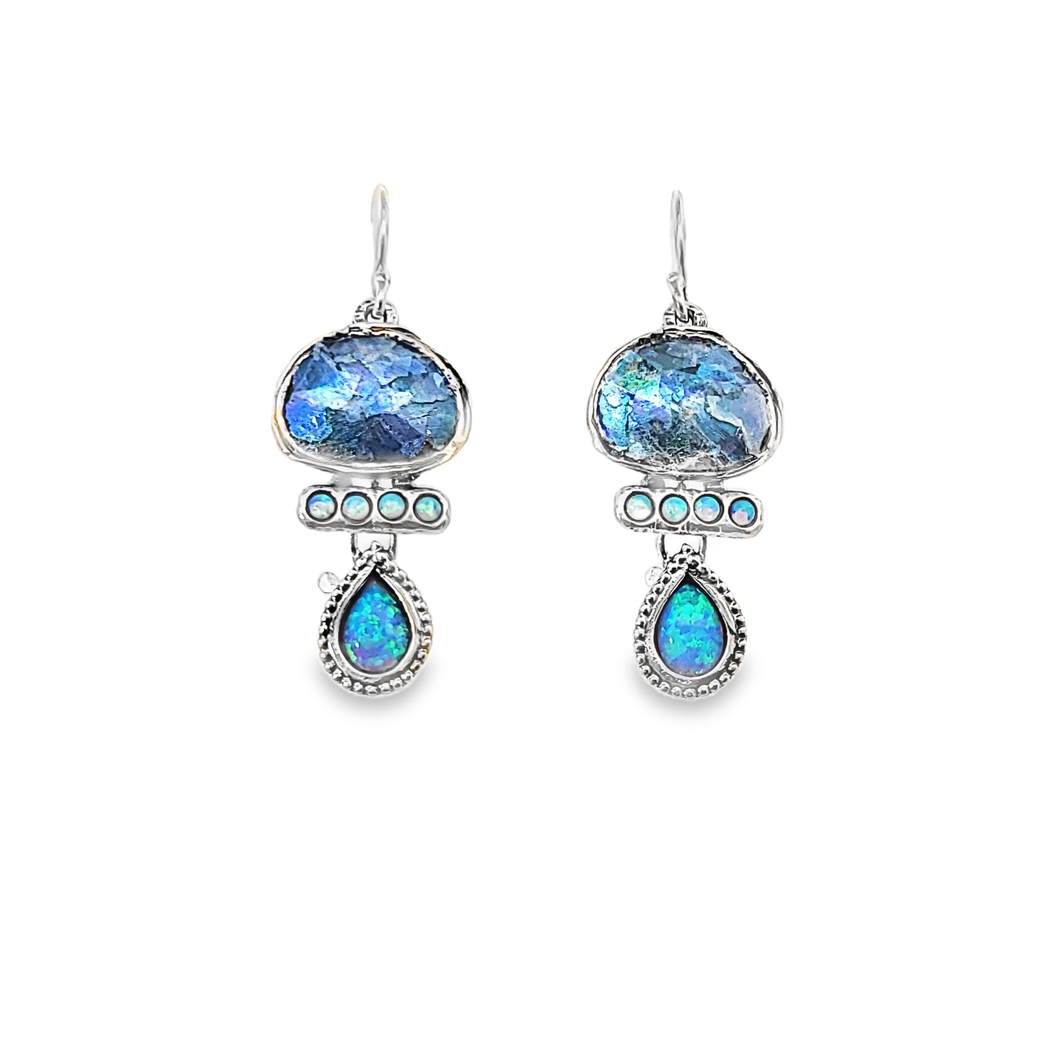 Ancient Roman Glass and Opal Sterling Earrings