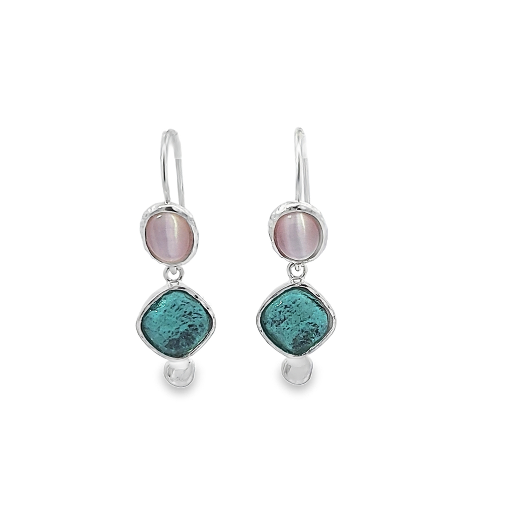 Green Roman Glass and Pink Cat Eye Sterling Earrings