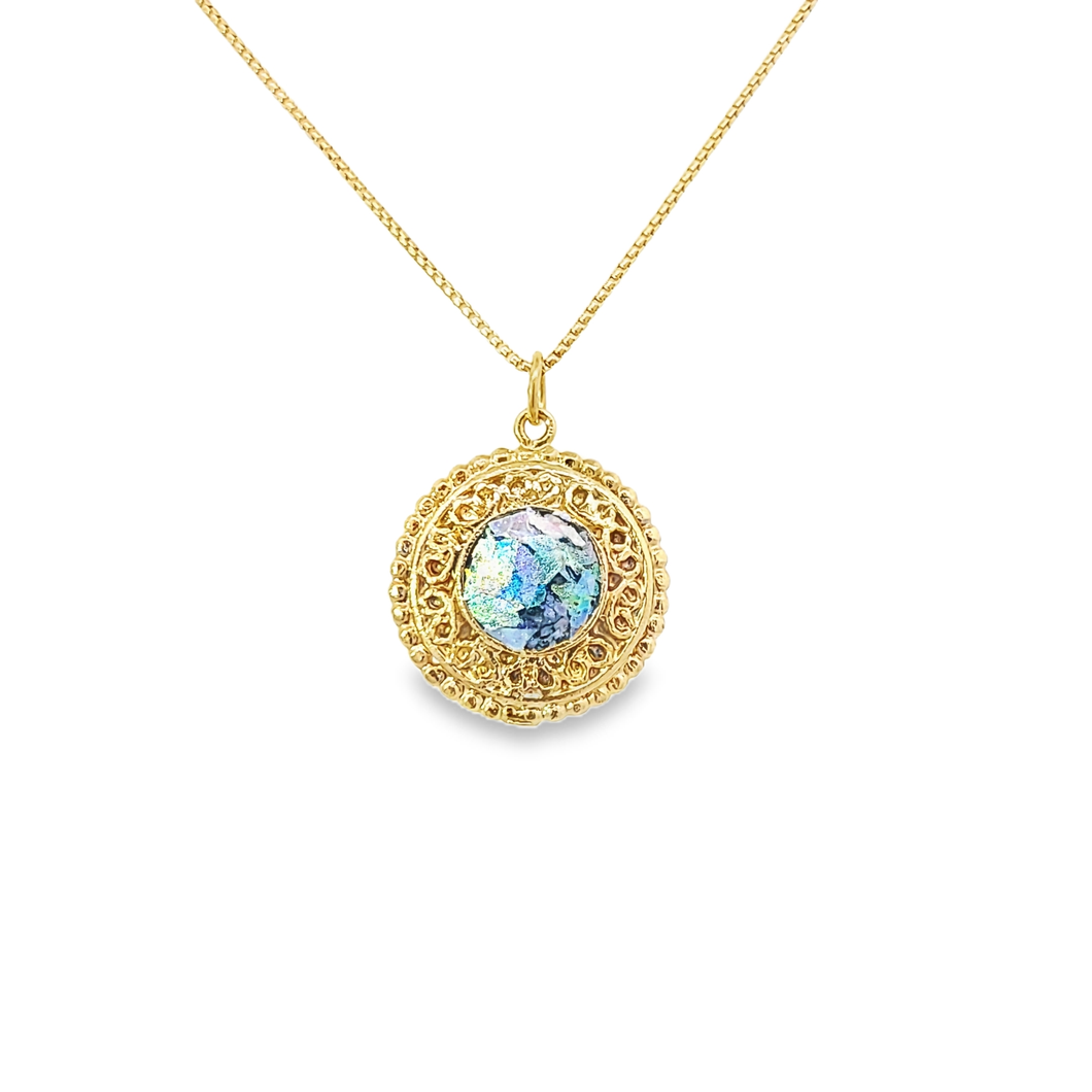 Filigree Bezel with Roman Glass - 14k Gold Plated Necklace