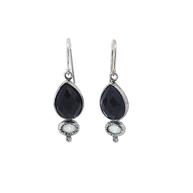 Sterling Teardrop Black Agate and Opal Earrings