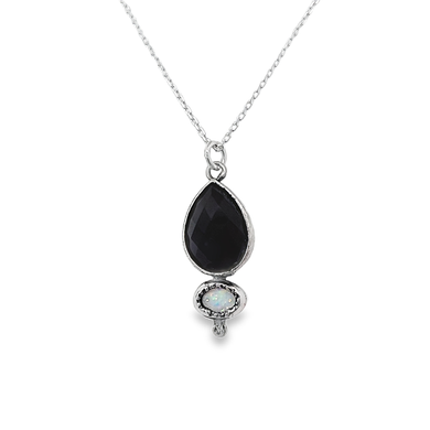 Sterling Teardrop Black Agate and Opal Necklace