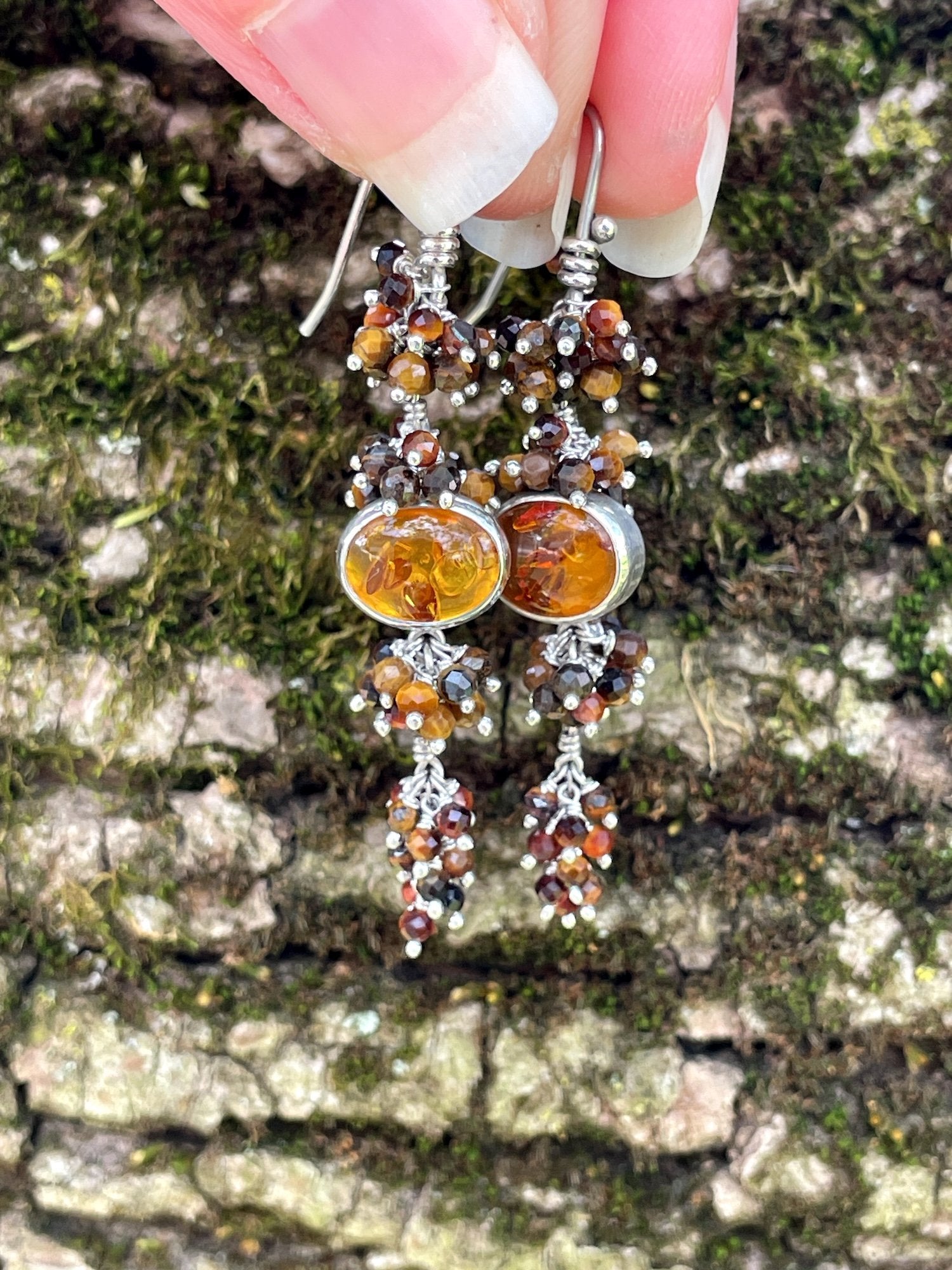 Vedia Earrings: Sterling Silver, Amber and Tiger Eye