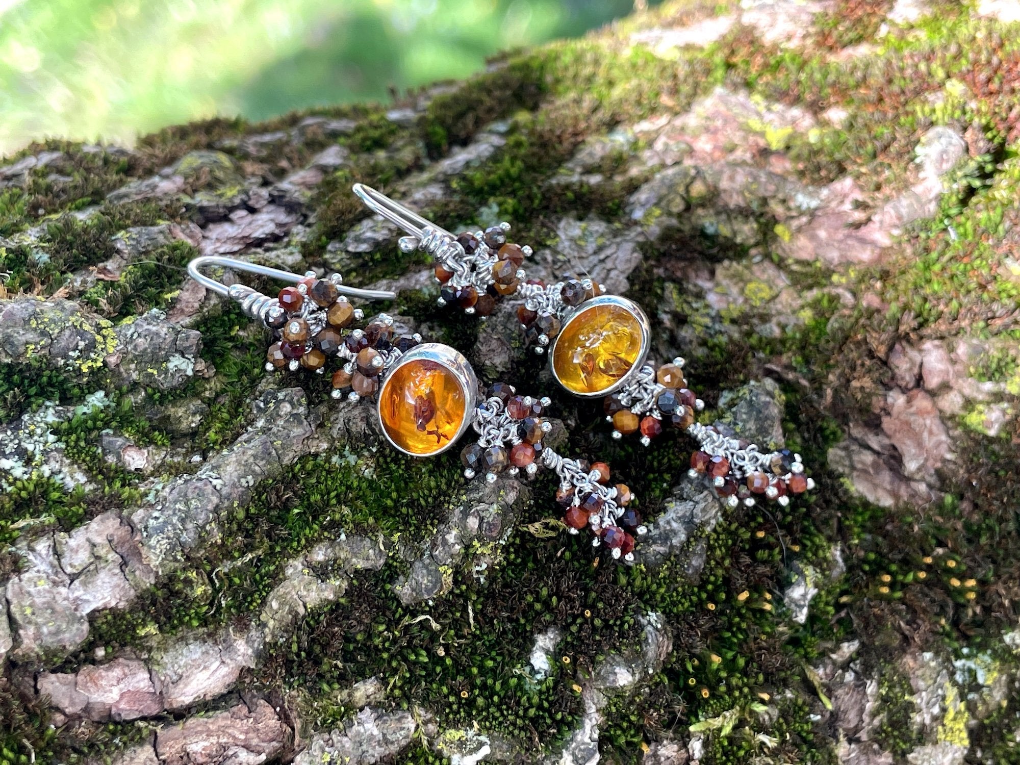 Vedia Earrings: Sterling Silver, Amber and Tiger Eye