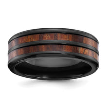 Load image into Gallery viewer, Chisel Black Zirconium Polished with Wood Inlay Center 8mm Band