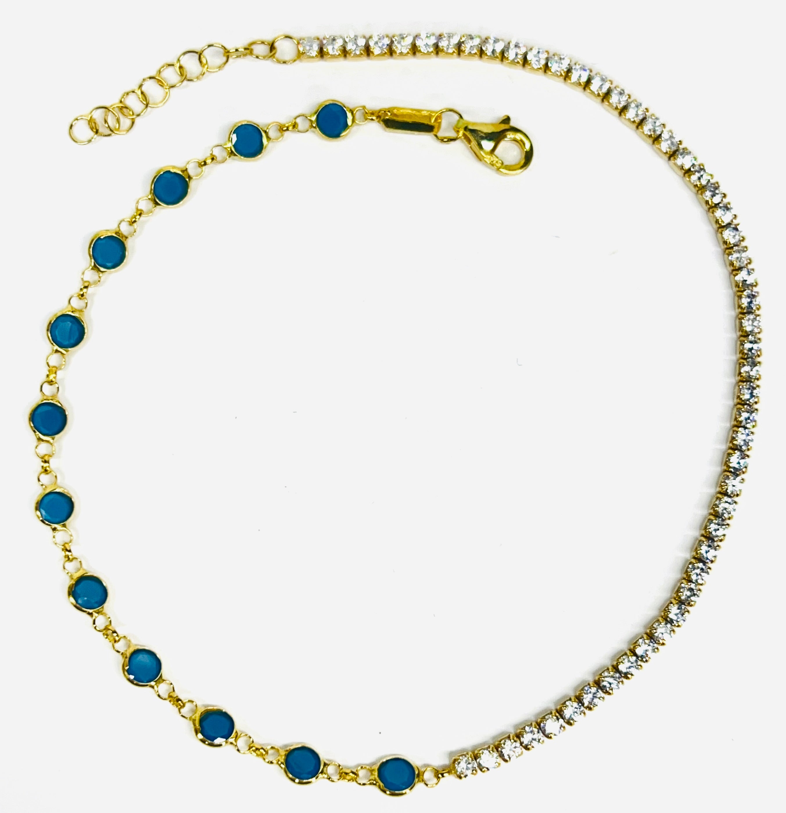 Gold Plated Sterling Anklet with Blue and Clear Cubic Zirconia