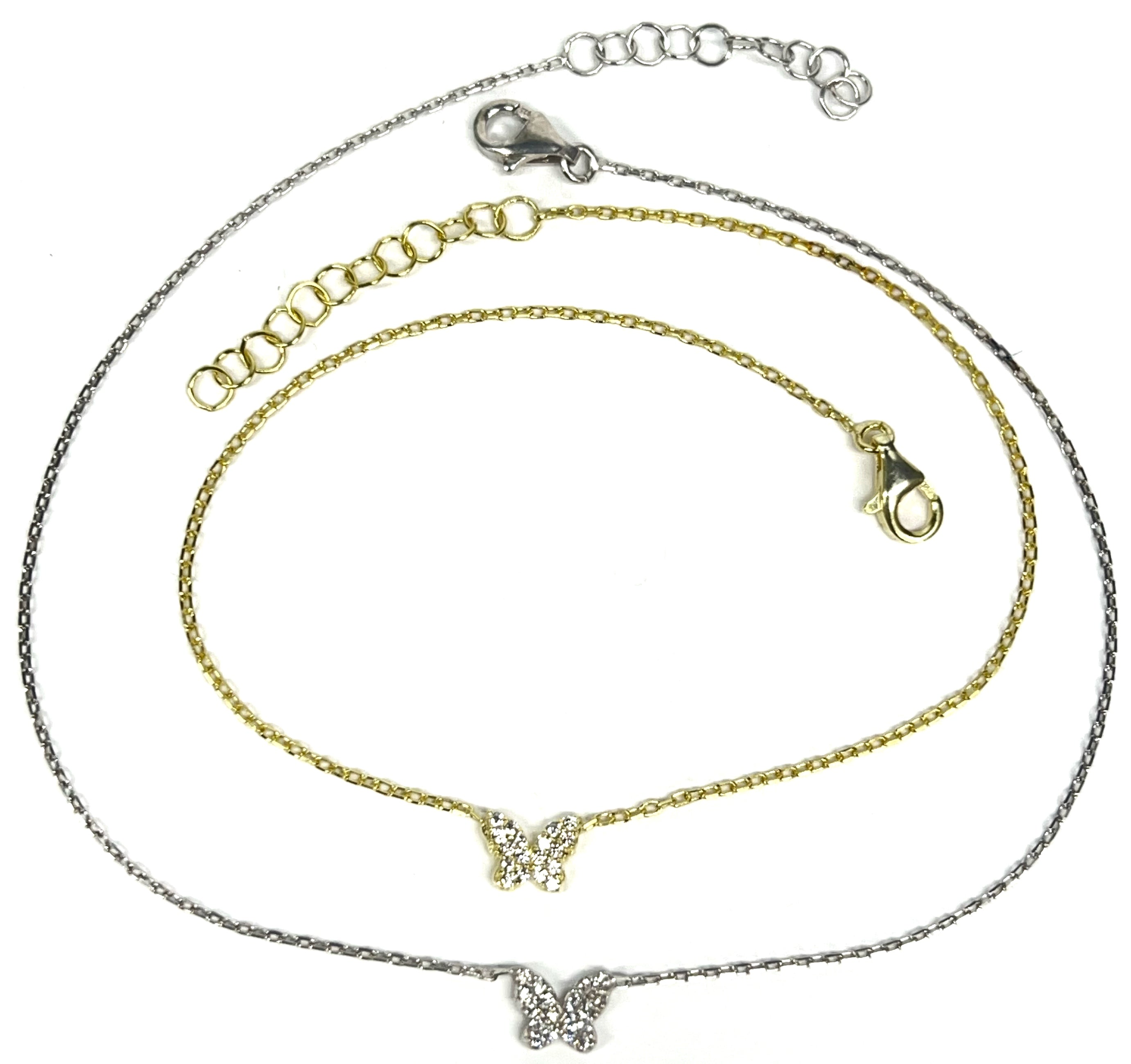 GP or Sterling Butterfly Drop Anklet with Clear Cubic Zirconia