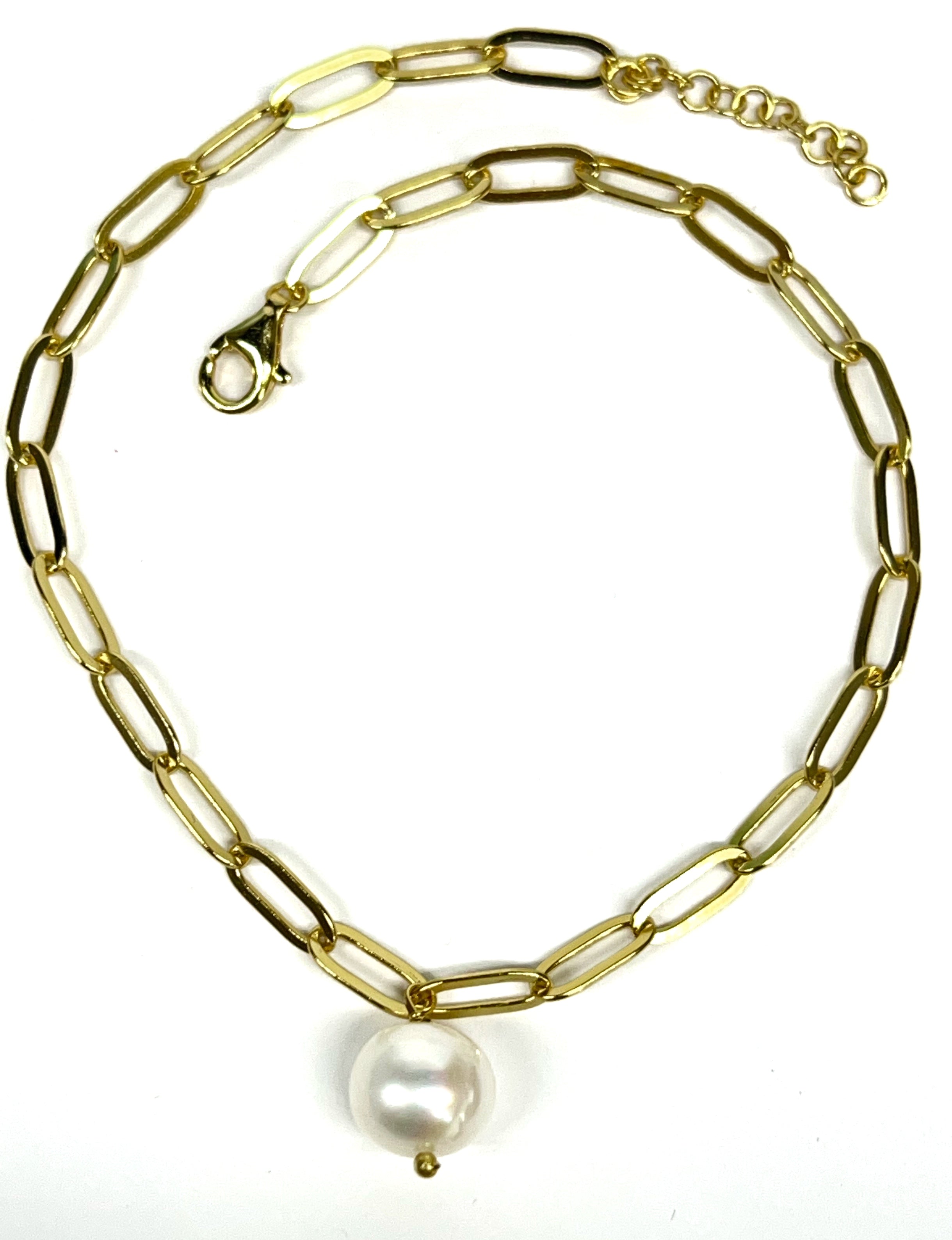 GP Sterling Paperclip Chain w Pearl Anklet