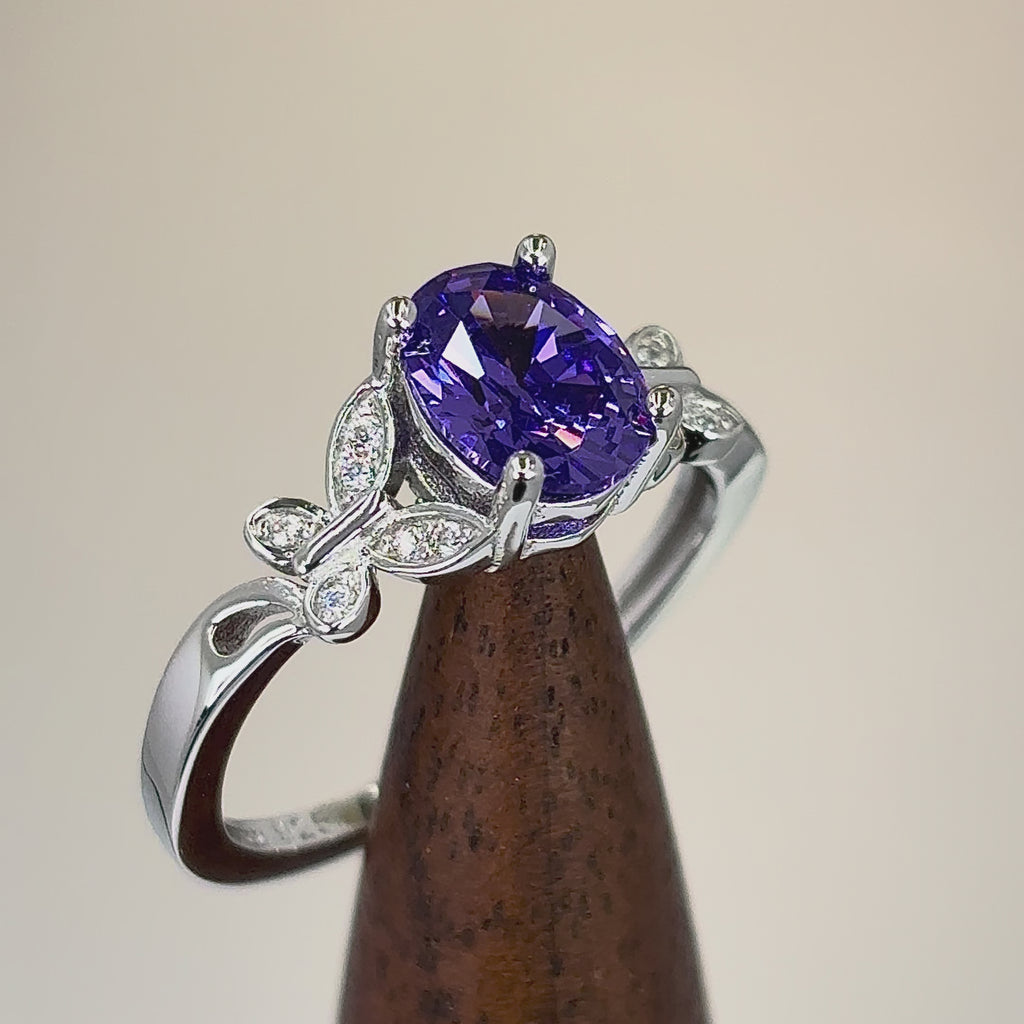 Sterling Silver Double Butterfly Amethyst Center Stone CZ Ring -7