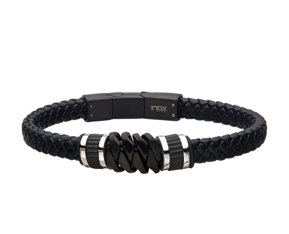 Black braided leather bracelet with metal accents on a white background