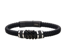 Load image into Gallery viewer, Black braided leather bracelet with metal accents on a white background