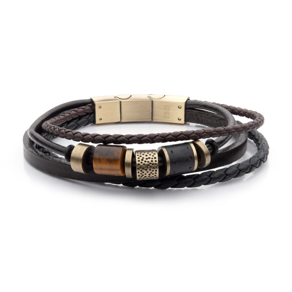 Black & Brown Leather with Tiger's Eye Stone Bead Multi-Strand Bracelet