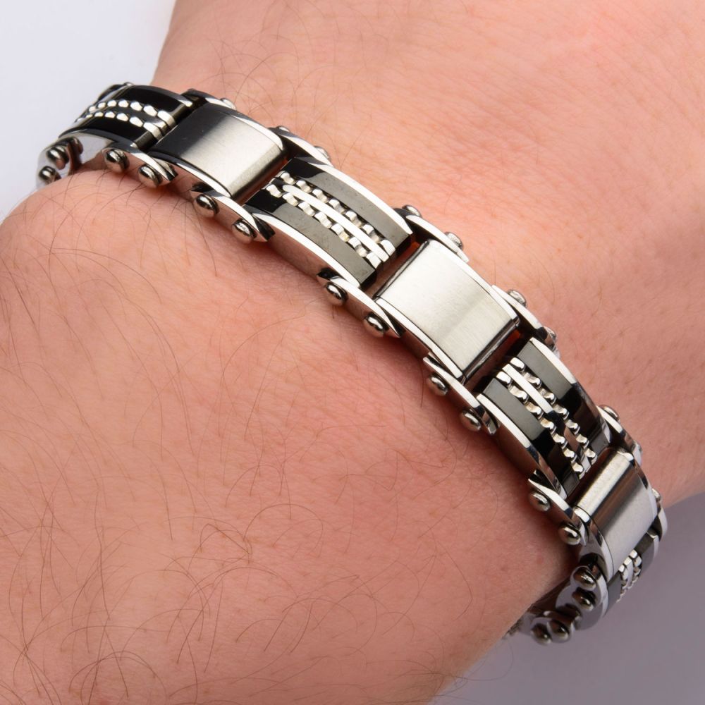 Double Sided Black IP & Steel Edge Polish Finished Reversible Bracelet