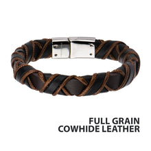 Load image into Gallery viewer, Stainless Steel Clasp with Woven Black &amp; Light Brown Full Grain Cowhide Leather Bracelet