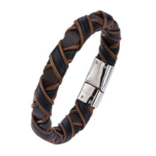 Load image into Gallery viewer, Stainless Steel Clasp with Woven Black &amp; Light Brown Full Grain Cowhide Leather Bracelet