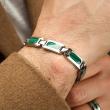 Load image into Gallery viewer, Matte Finish Stainless Steel Malachite Stone Inlay Sizeable Link Bracelet