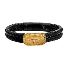 Load image into Gallery viewer, Double Strand Black Leather with Gold IP Longhorn Bracelet