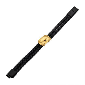 Double Strand Black Leather with Gold IP Longhorn Bracelet