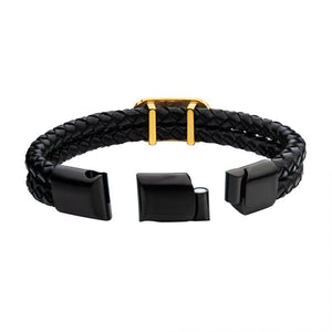 Double Strand Black Leather with Gold IP Longhorn Bracelet