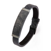 Load image into Gallery viewer, Black Leather and Solid Carbon Graphite Bracelet with Belt Buckle Clasp