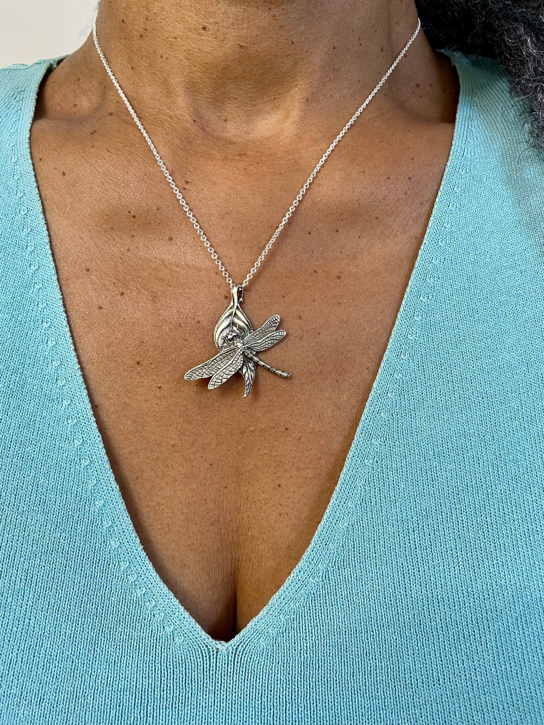 Dragonfly on a Leaf Sterling Necklace