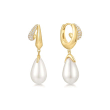 Load image into Gallery viewer, Gold Sparkling Duet Mixed Shell Pearl Drop Huggie Hoop Earrings