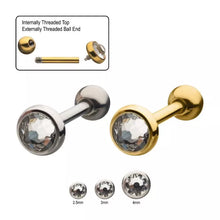 Load image into Gallery viewer, 18G Internally Externally Threaded Cartilage Barbell with Bezel Set Clear CZ