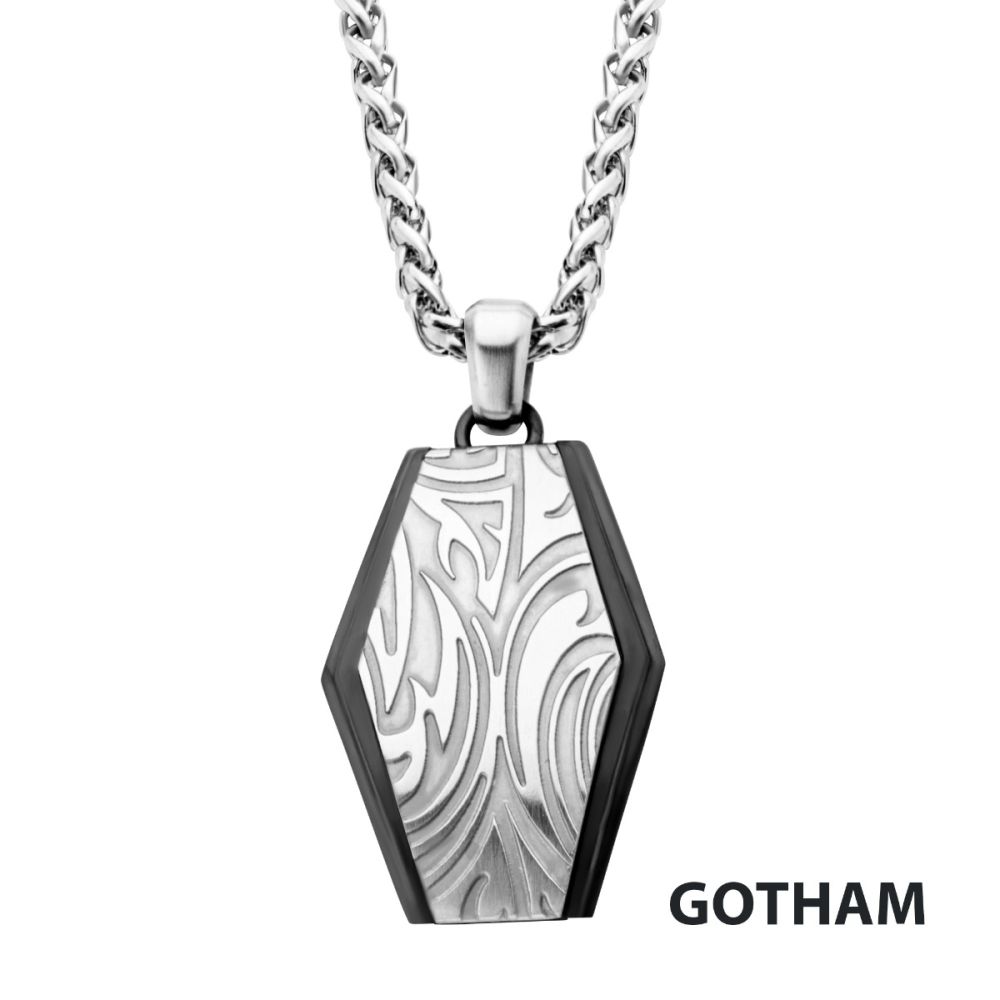 Black IP w/ Steel Grooves & Crests Dog Tag Pendant with Steel Wheat Chain