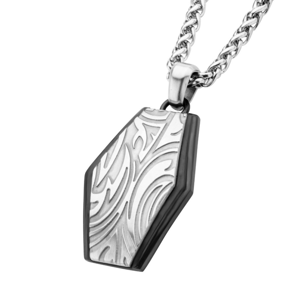 Black IP w/ Steel Grooves & Crests Dog Tag Pendant with Steel Wheat Chain