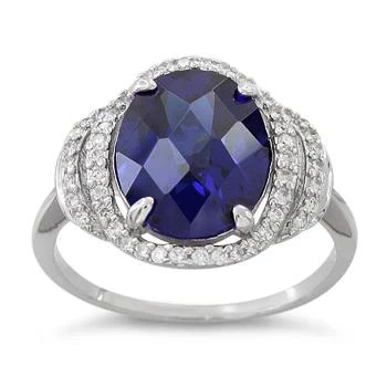 Sterling Silver Dark Blue Spinel Oval Halo CZ Ring - size 5