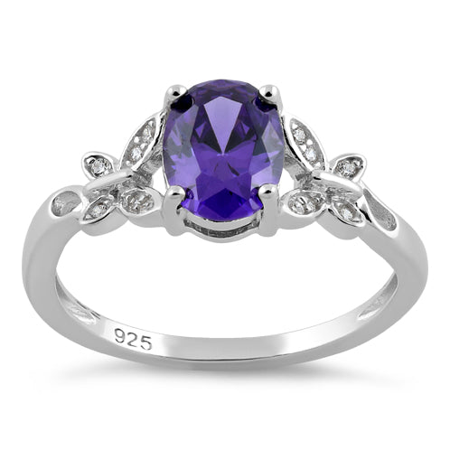 Sterling Silver Double Butterfly Amethyst Center Stone CZ Ring -7