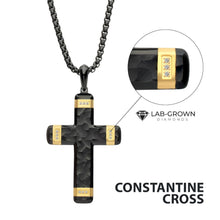 Load image into Gallery viewer, Matte Finish Black IP Carved Steel Large Cross Pendant with 18Kt Gold IP accents &amp; Lab-Grown Diamonds