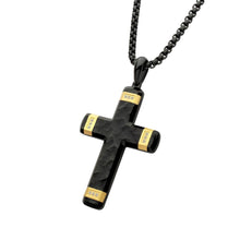 Load image into Gallery viewer, Matte Finish Black IP Carved Steel Large Cross Pendant with 18Kt Gold IP accents &amp; Lab-Grown Diamonds