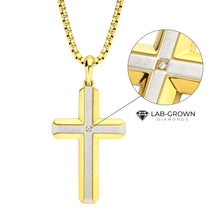 Load image into Gallery viewer, 18KT Gold IP Steel Lab-Grown Diamond Brushed Finish Cross Pendant