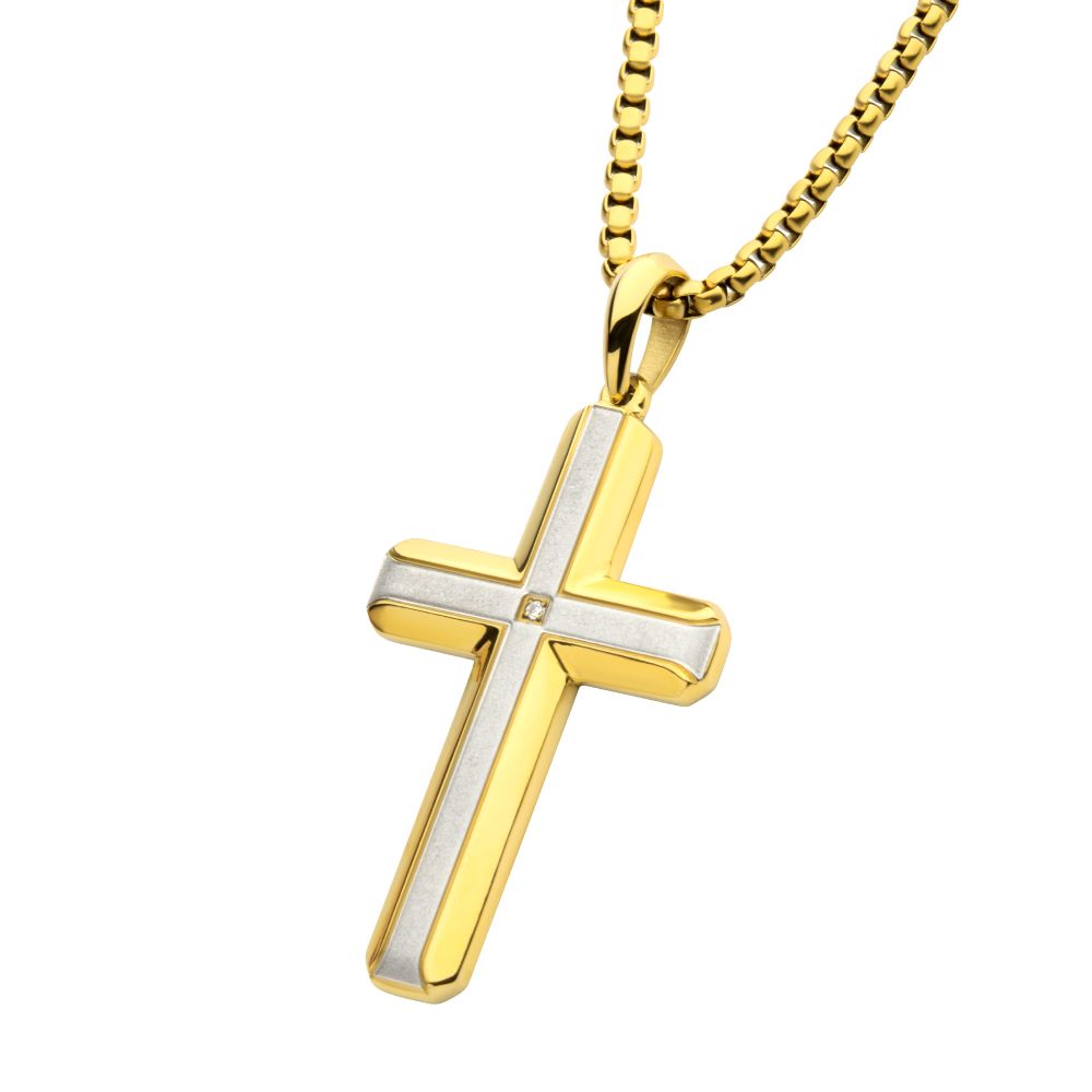 18KT Gold IP Steel Lab-Grown Diamond Brushed Finish Cross Pendant