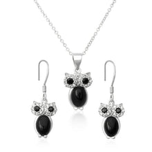 Load image into Gallery viewer, Sterling Silver CZ and Onyx Owl Earring and Pendant Set