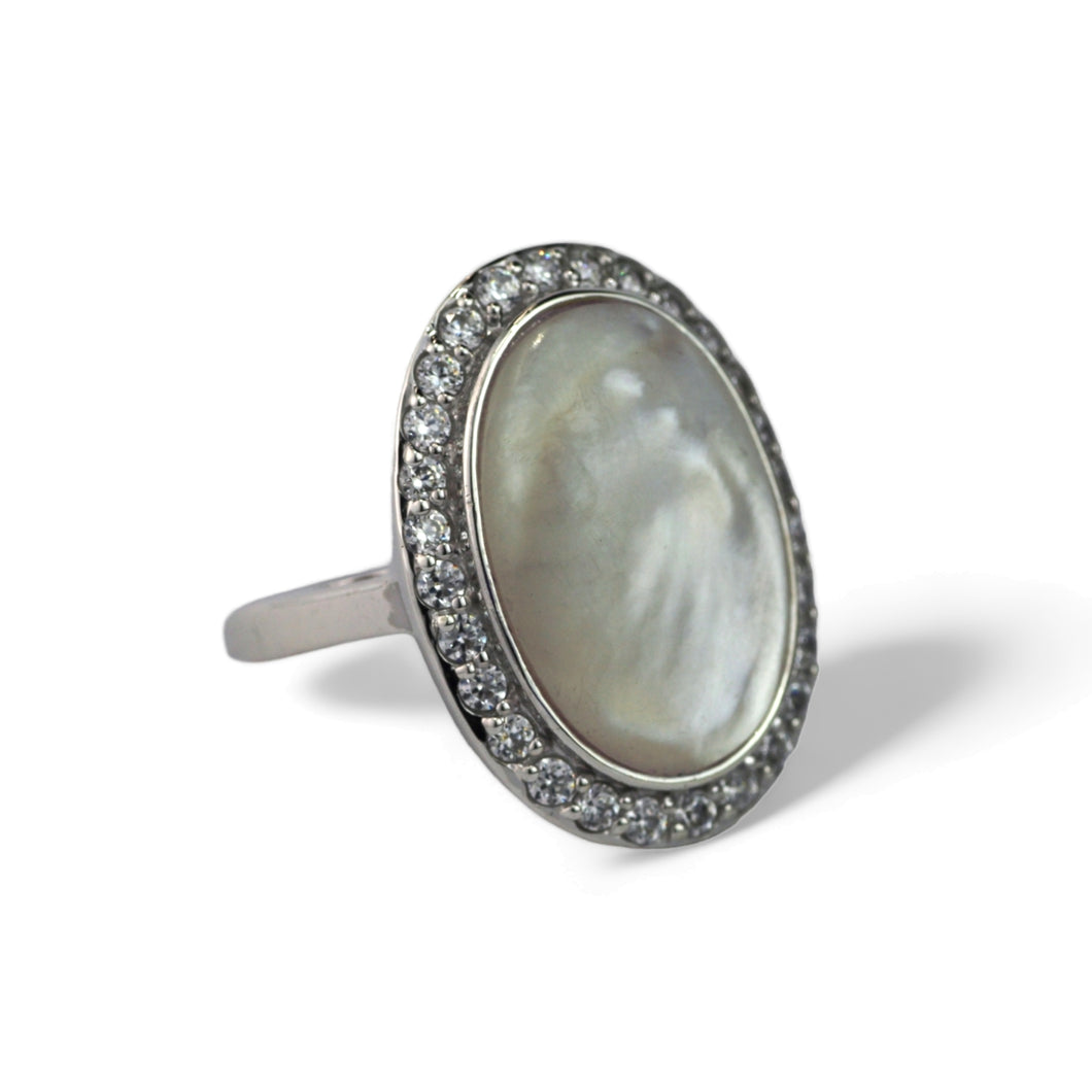 Estate Oval Mother of Pearl with CZ Halo Sterling Silver Ring
