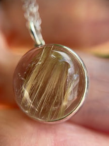 Gold Rutilated Quartz and  Sterling Silver Round Pendant