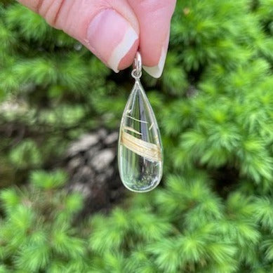 Gold Rutilated Clear Quartz Teardrop and Sterling Silver Pendant