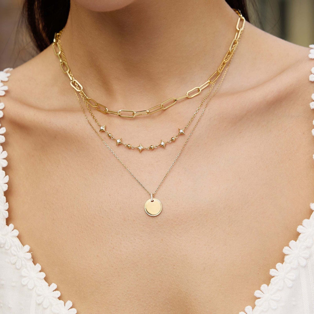 Gold Sparkling Star Station Necklace