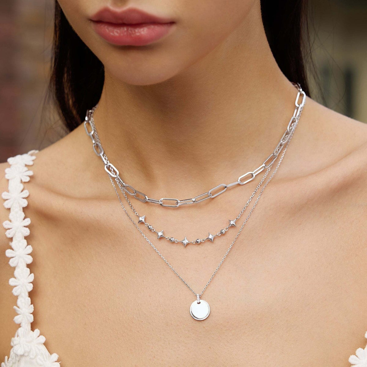 Silver Sparkling Star Station Necklace
