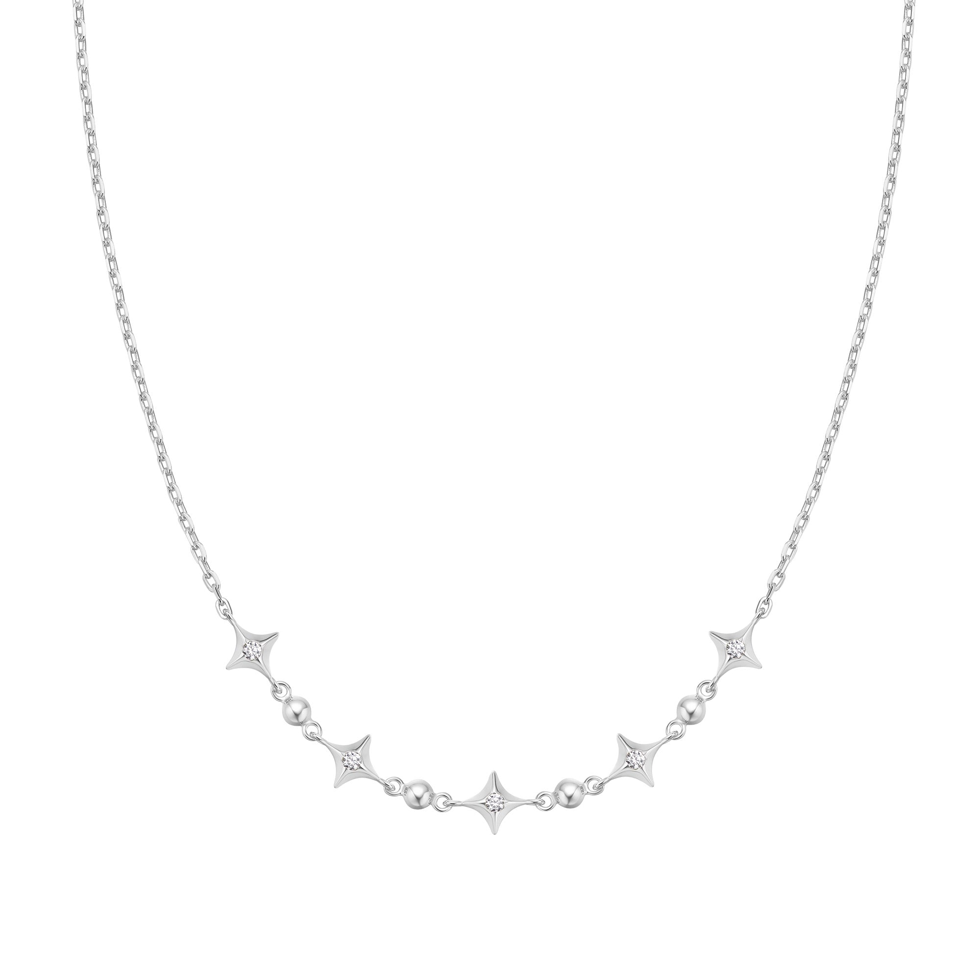 Silver Sparkling Star Station Necklace