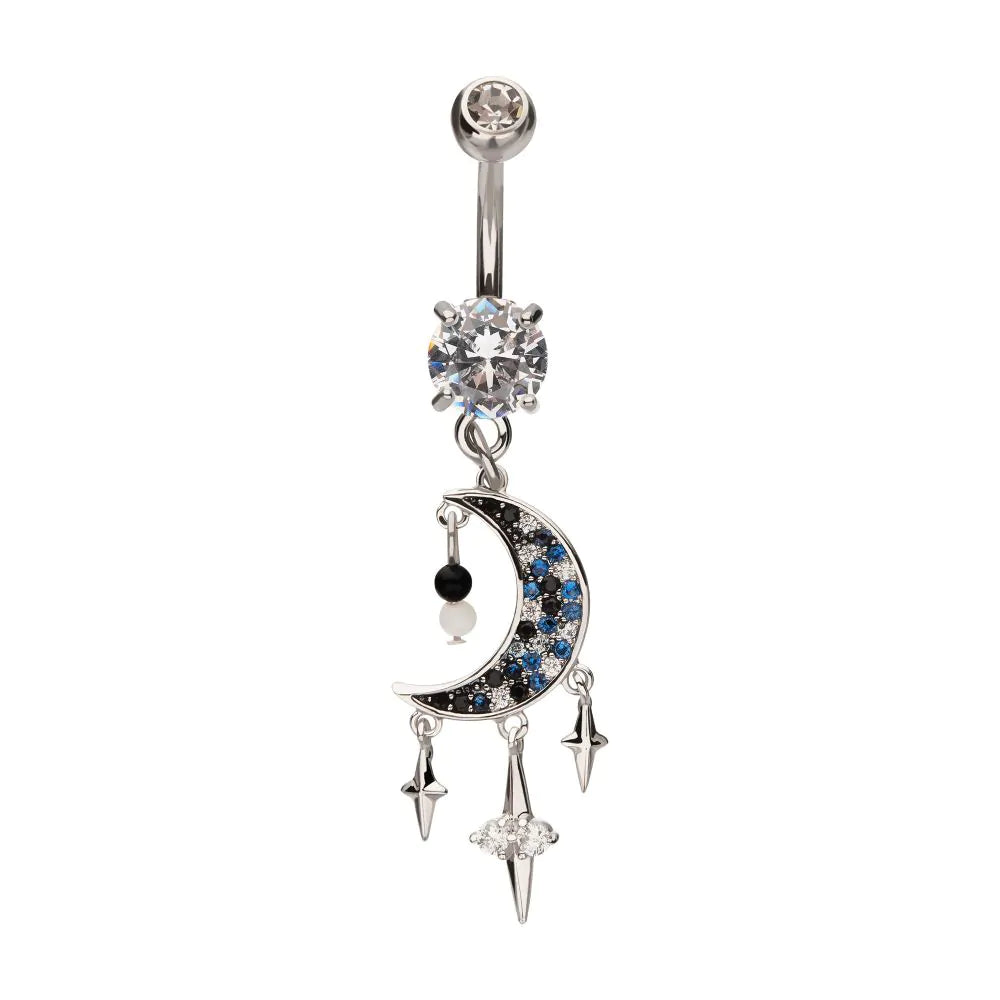 Pave Set Multi Gem Crescent Moon Dangle with Triple Star Dangle Navel / Bellybutton Barbell