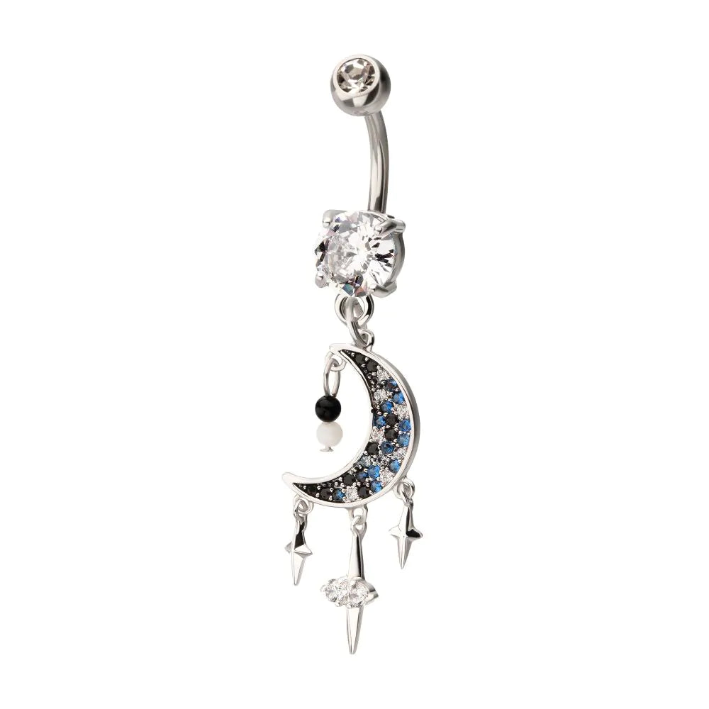 Pave Set Multi Gem Crescent Moon Dangle with Triple Star Dangle Navel / Bellybutton Barbell