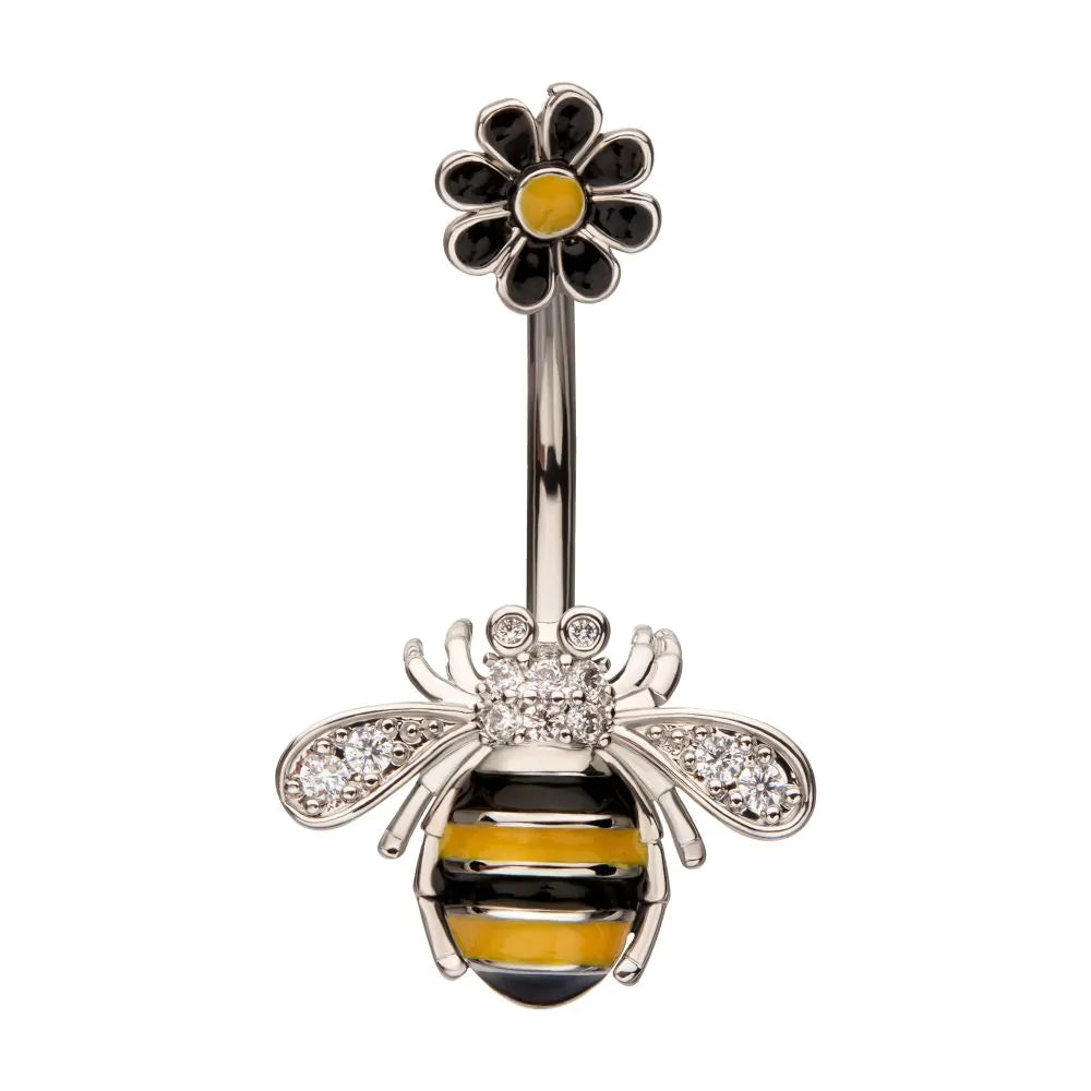 Enamel Flower & Bee with Pave Clear Gem Non-Dangle Navel / Bellybutton Barbell