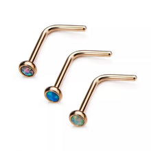 Load image into Gallery viewer, 20g Gold PVD Nose L-Bend with 2mm Bezel Set Synthetic Opal
