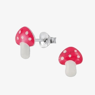 Hand-Painted Pink Mushroom Kids Silver Stud Earrings