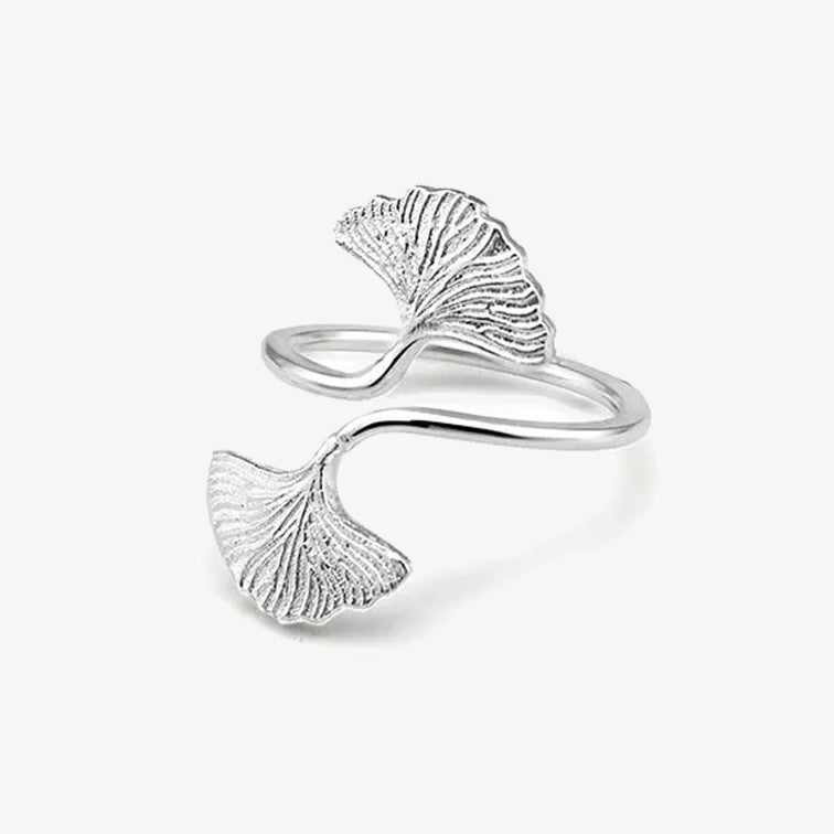 Ginkgo Leaf Design Silver Adjustable Ring Women