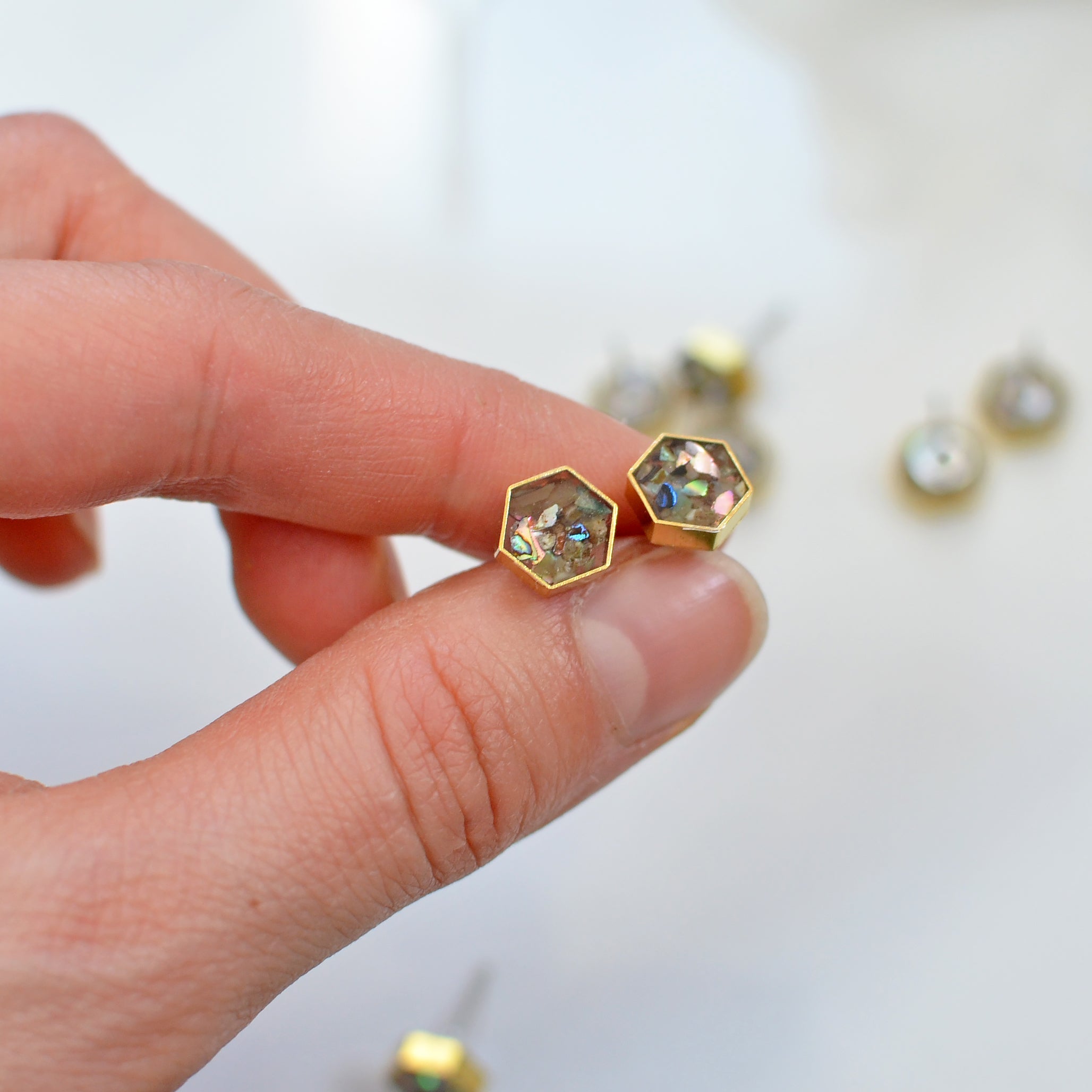 Abalone Seashell Brass Hexagon Studs