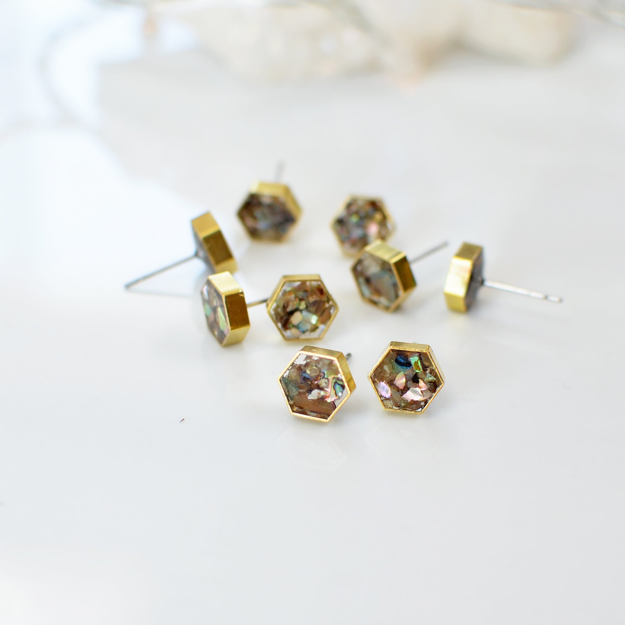 Abalone Seashell Brass Hexagon Studs