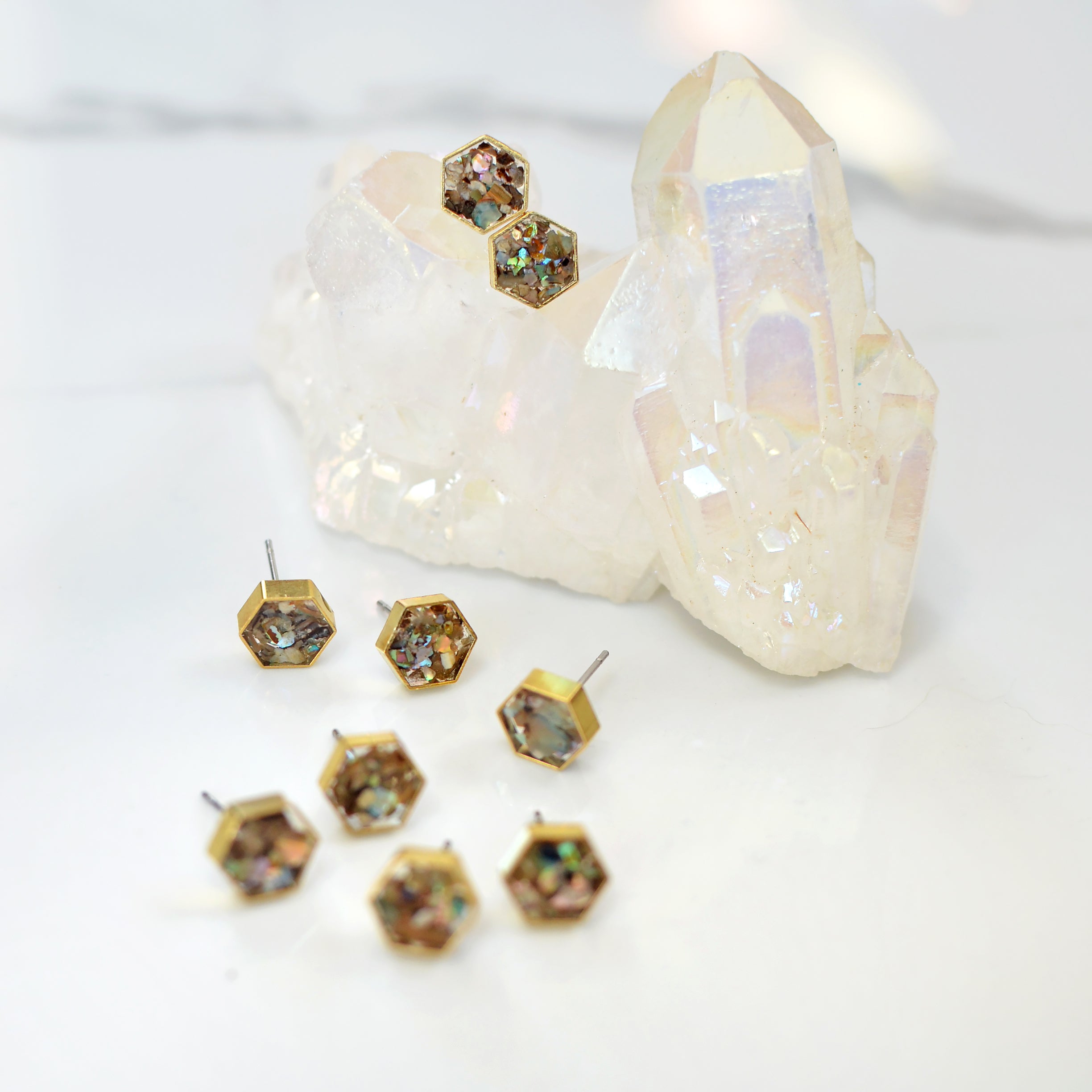 Abalone Seashell Brass Hexagon Studs